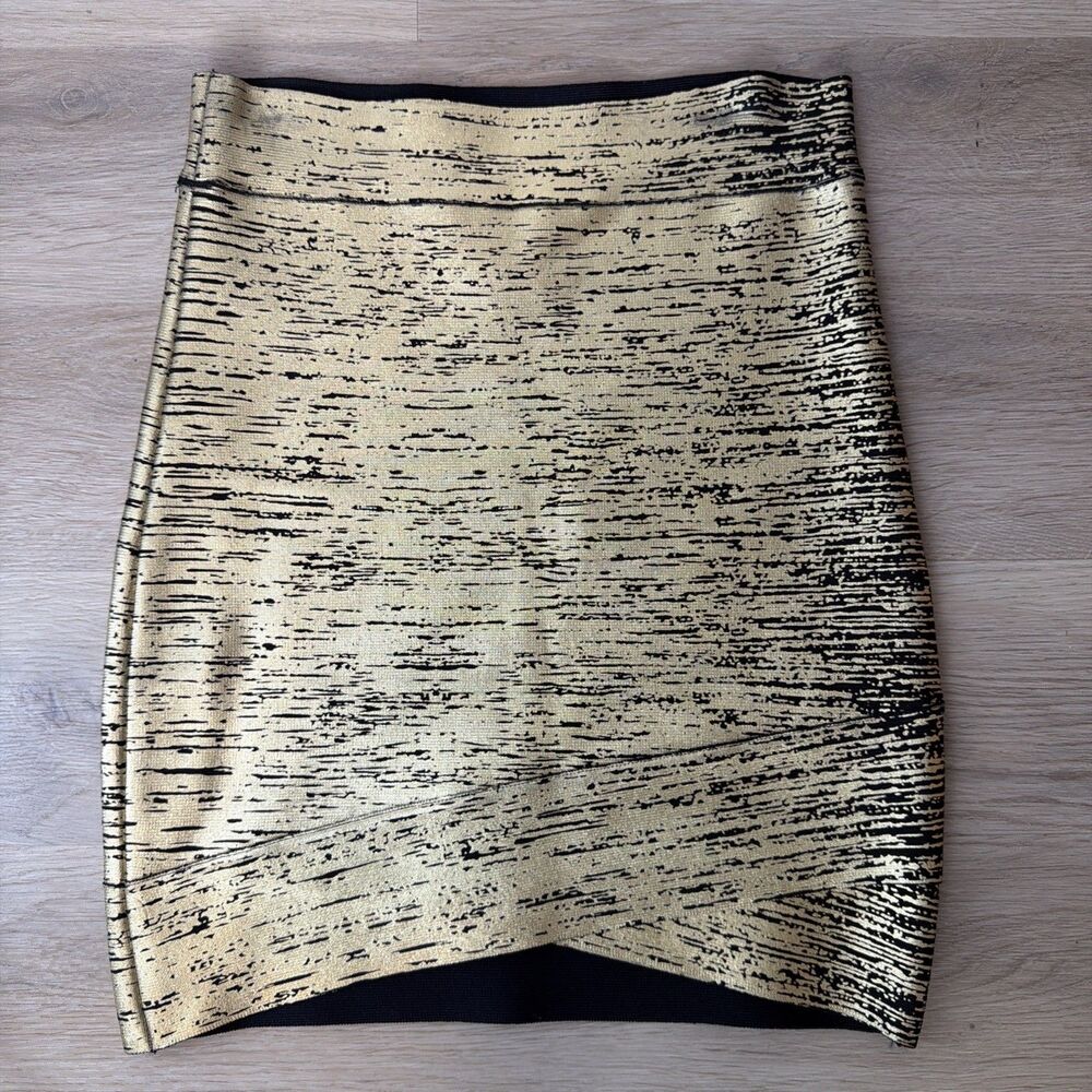 BCBG MaxAzria SILVIE Gold Foil Bandage Skirt S Metallic Y2K Bodycon Shimmer - Picture 3 of 7